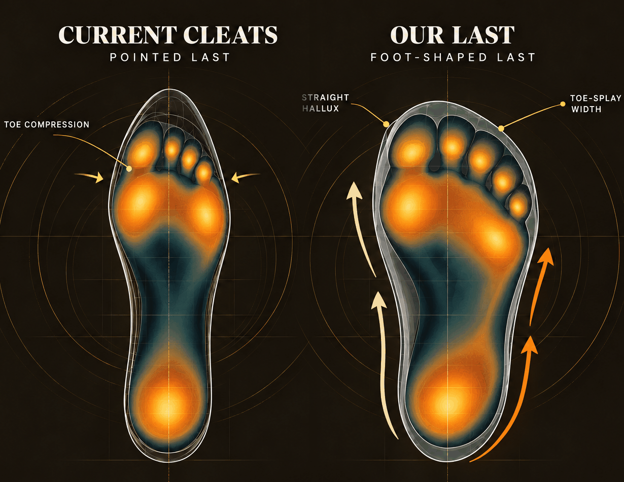 Concept illustration comparing a conventional cleat’s pointed last, which compresses the toes, with Sole’s foot-shaped last, which keeps the big toe straight and gives the toes room to splay.
